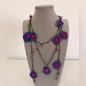 Traditional Turkish Handcrafted Oya Wine, Blue, Green and Pink Beads Necklace